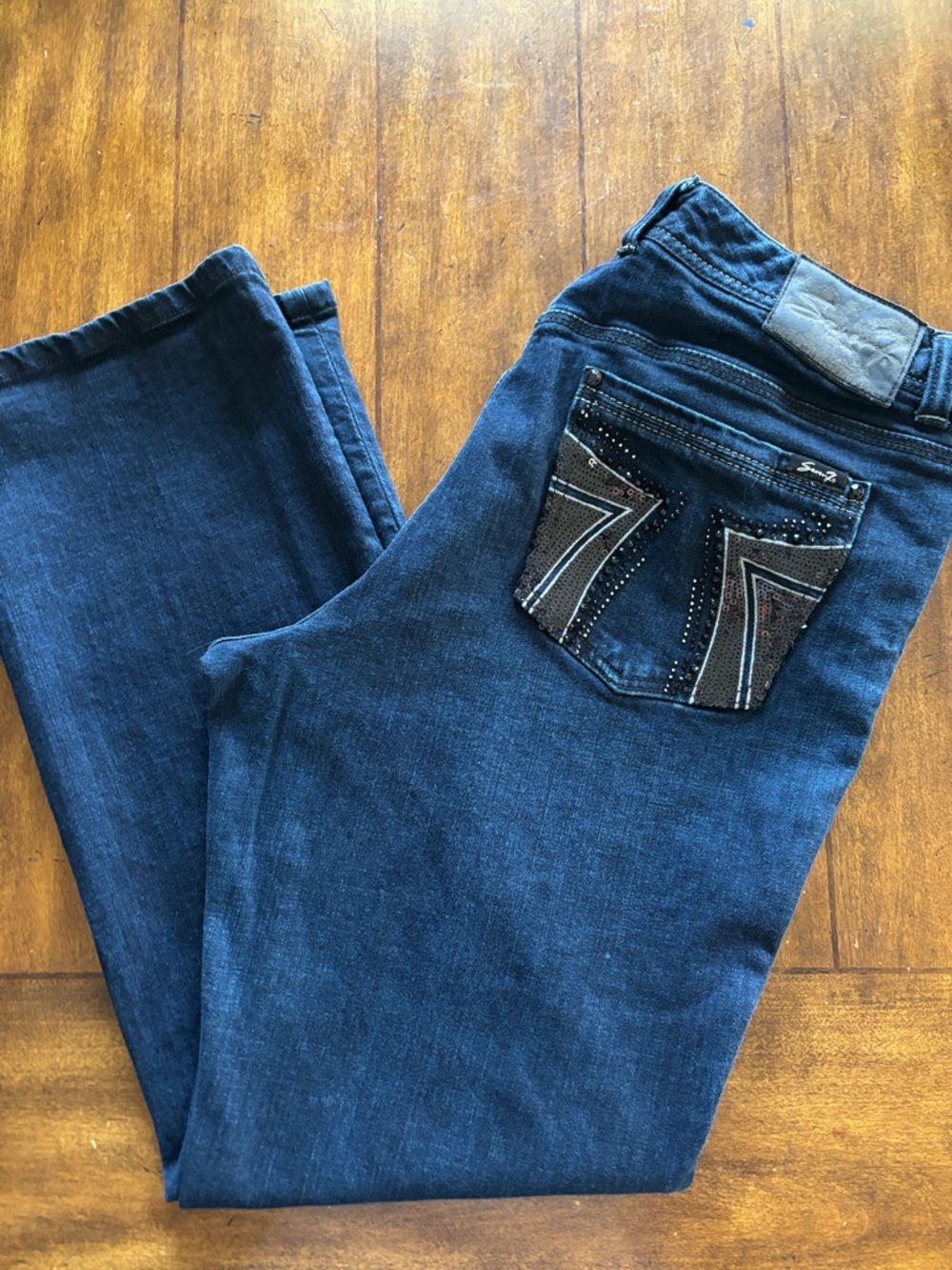 Seven7 Dark Blue Denim Jeans with Metallic Logo Waistband Size 18